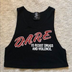 DARE black tank crop top.